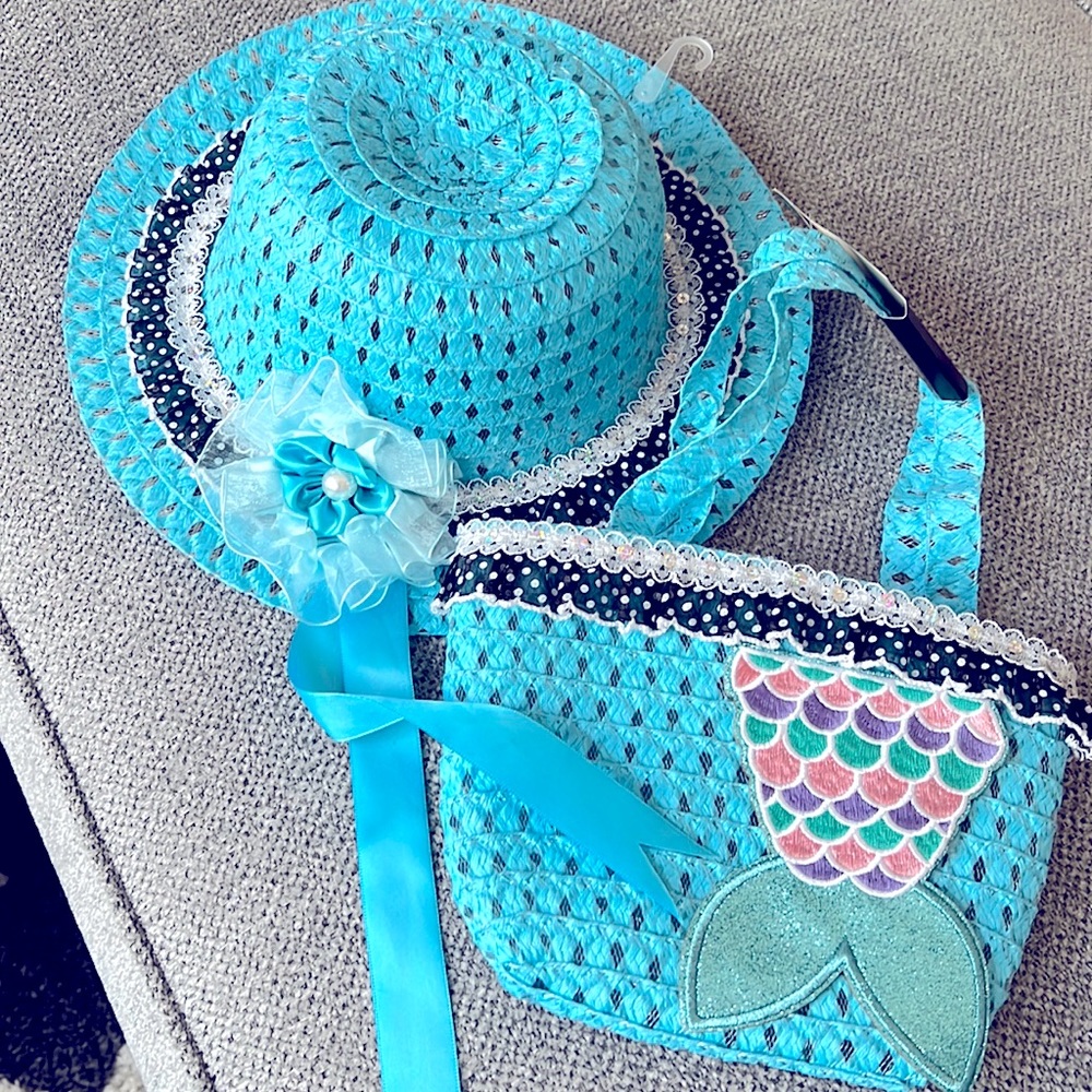 Young ladies, straw hat, and mermaid, matching handbag – handmade accessories.